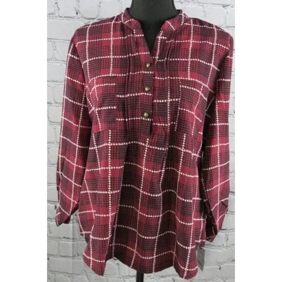 Dark Red Print Sz Large Petite Casual or Dress Roll Tab Sleeve High Low Shirt - Picture 1 of 4